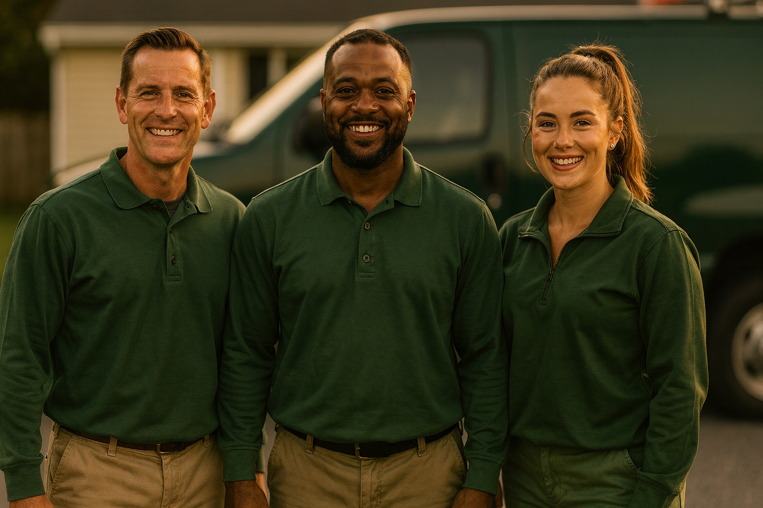 Three Montco Pest technicians in green polos standing in front of their service van outside a customer's home
